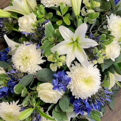 Blue and white Casket Spray