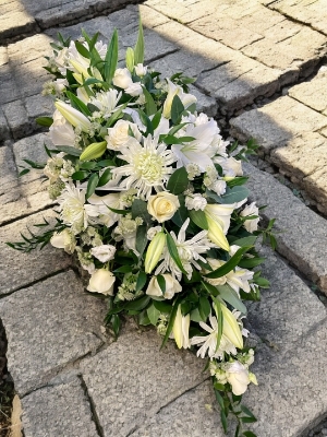 White Casket Spray with lilies
