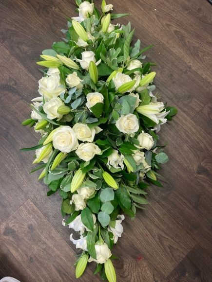 Eco Friendly White Casket Spray With Lilies